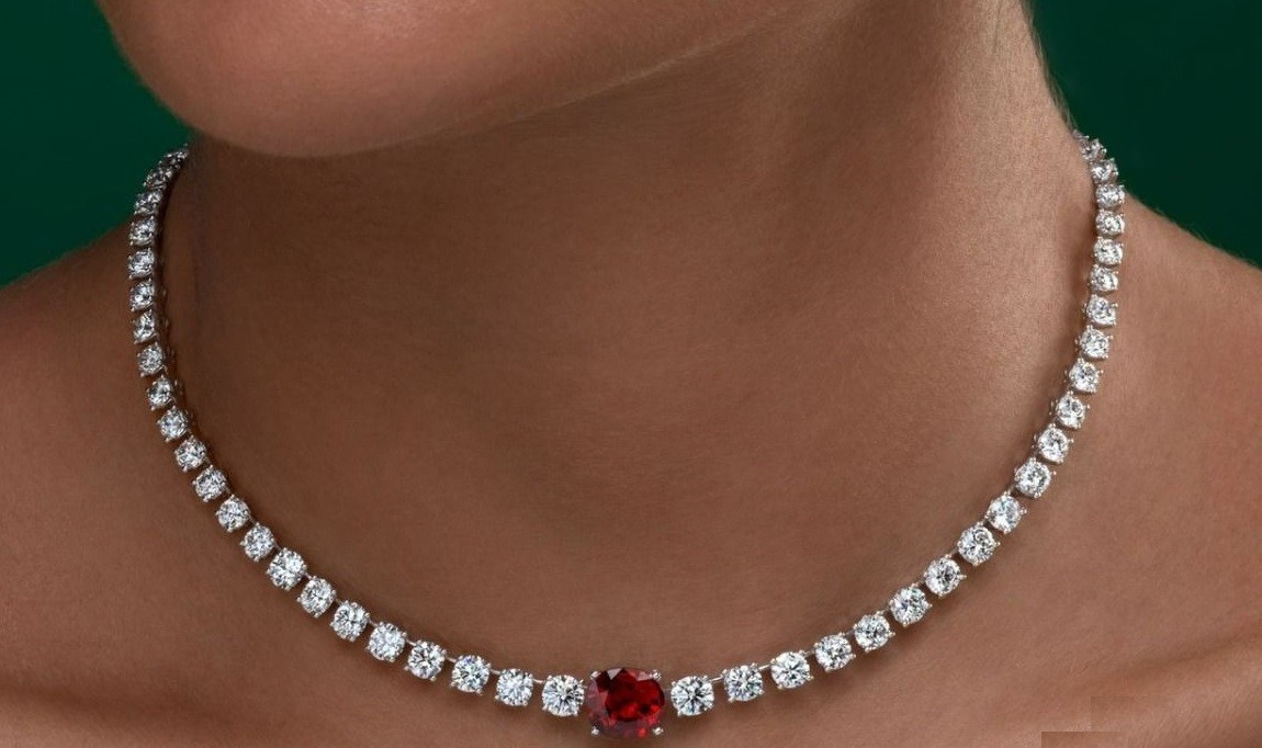 24Ct Oval Simulated Red Ruby and Diamond Womens Necklace in 925 Sterling Silver