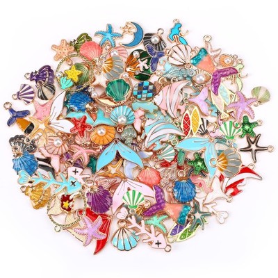 120 Pcs Ocean Themed Sea Charms for Jewelry Making, Assorted Gold Enamel Star...