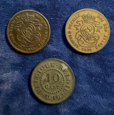 BELGIUM  1835 & 1836 2 CENTIMES VF/XF, 1916 10 CENTIMES XF,  LOT OF (3)