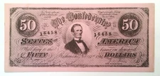 Confederate Currency Postcard Featuring Jefferson Davis 50 Dollars 3.5" x 7.75"w