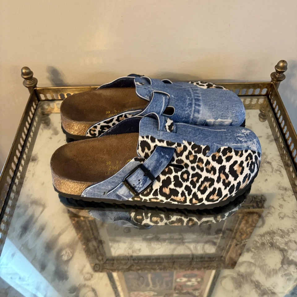 Sapatos femininos Papillio Birkenstock Boston tamanho 8 azul denim tamanco leopardo L8 M6 - Imagem 3 de 4