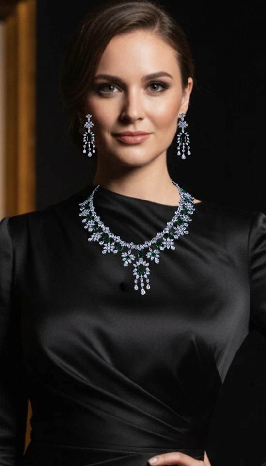 Conjunto de joyas nupciales de encaje esmeralda encantado de oro blanco de 18k Swarovski creado en laboratorio Foto 3 de 4