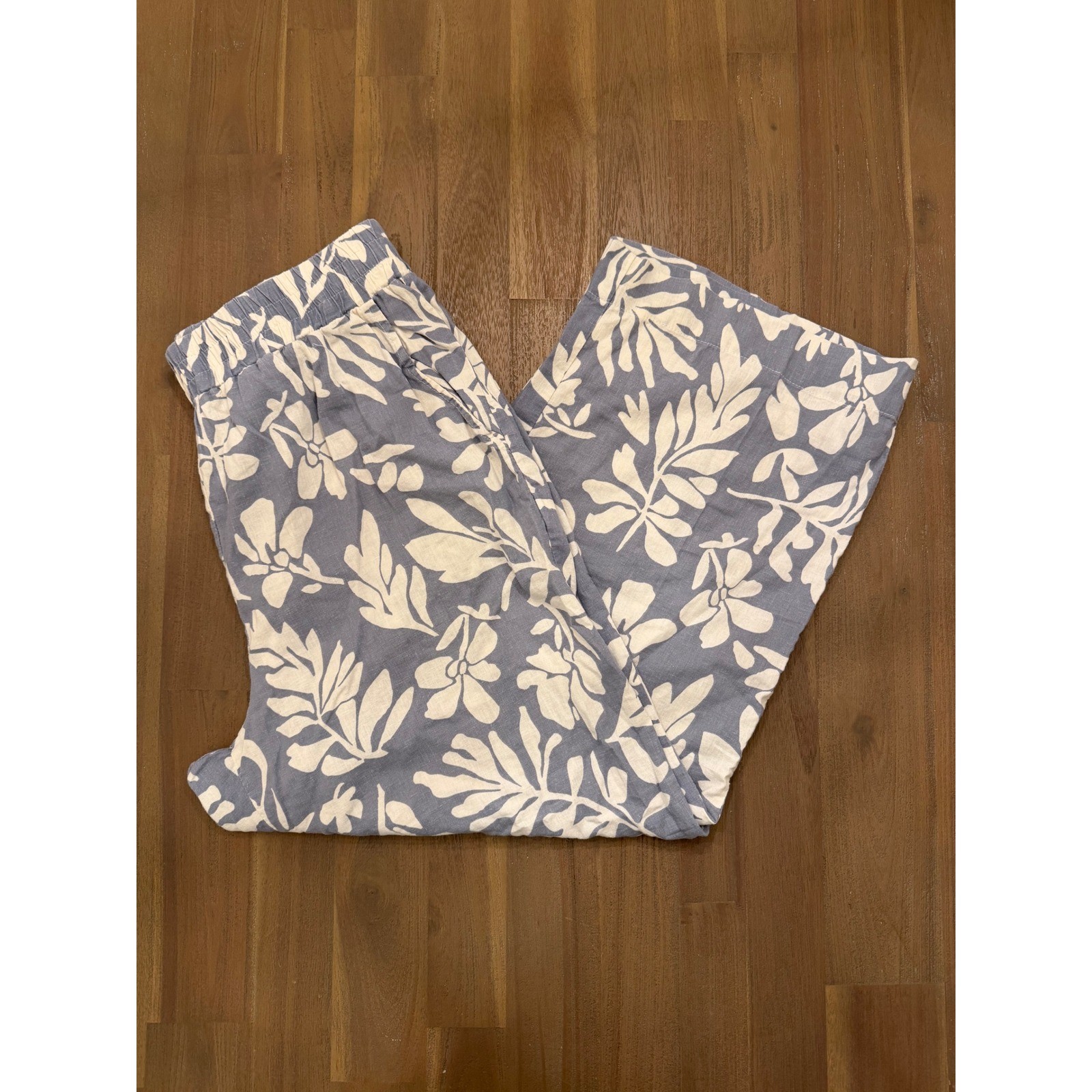 Christian Siriano New York Blue White Floral Linen Blend Wide Leg Pants Large