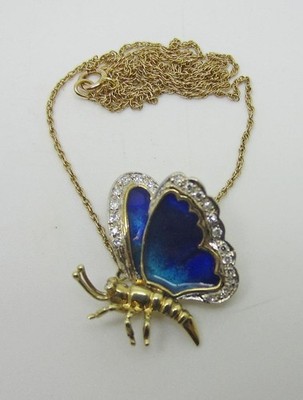 14K Solid Yellow Gold Vintage Blue Green Enamel 3D Diamond Butterfly Necklace