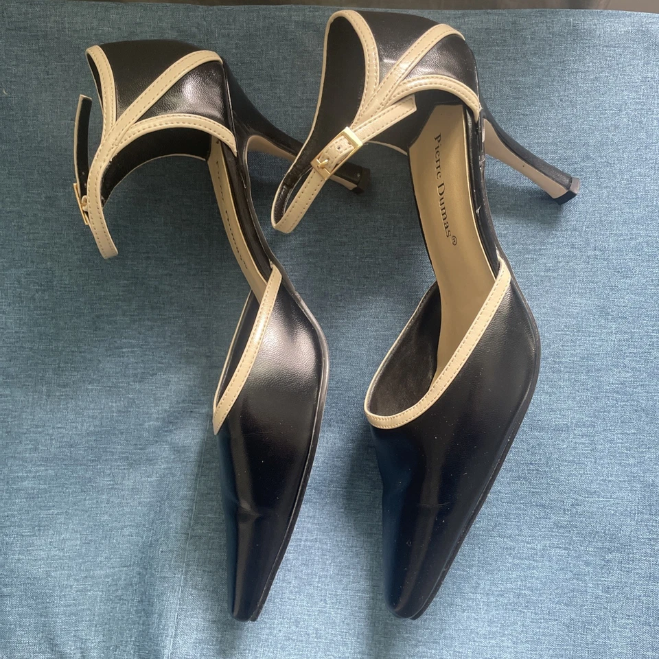 Mujer Tacón Alto Punta Pierre Dumas Talla 9 Negro Imitación Cuero Acento Crema Foto 3 de 4