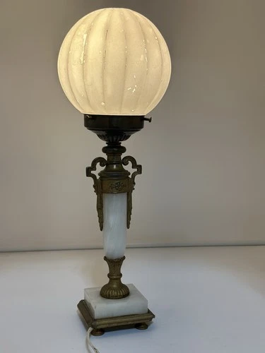 Vintage Art Deco Style Alabaster Table Lamp Ribbed Milk Glass Shade Regency