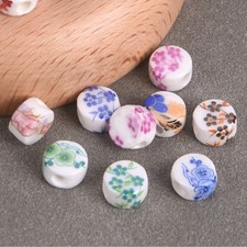 8.5x5mm Flat Round Shape Flower Patterns Ceramic Porcelain Loose Crafts Beads