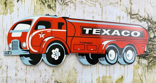 VINTAGE 16.5x6" TEXACO TRUCK PETROLEUM GASOLINE PORCELAIN PUMP STATION OIL SIGN