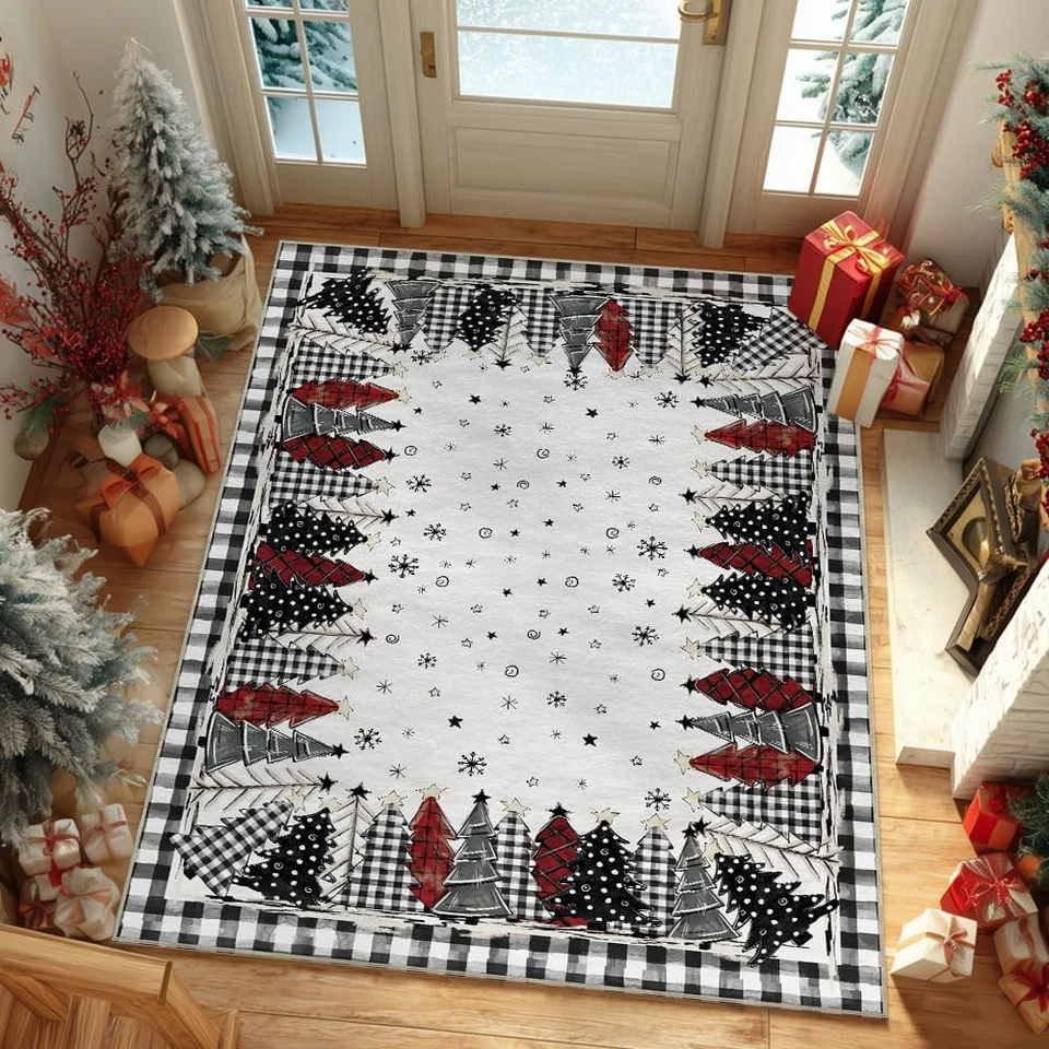 Watercolor Buffalo Plaid Xmas Tree Merry Christmas Area Rug, Winter Home Decor L - Image 3 of 4
