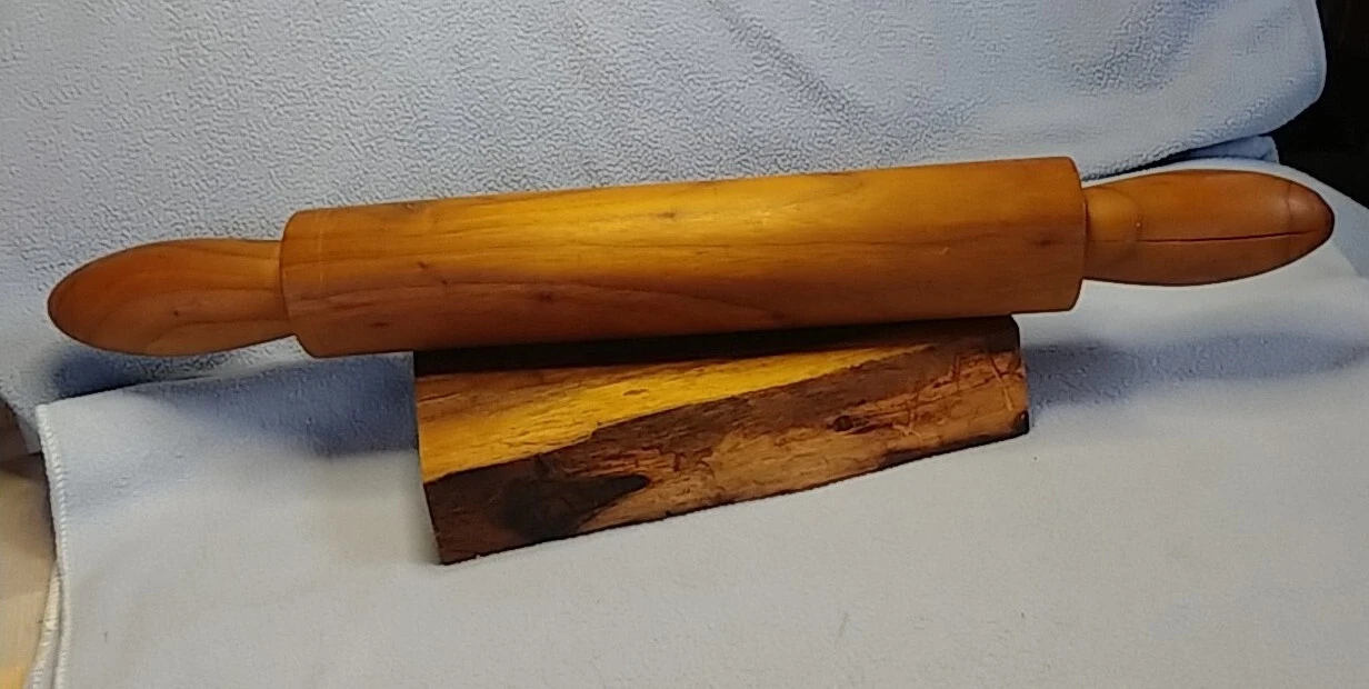 Hand Turned Wooden Rolling Pin 22" x 2.5" Large Handles Solid Light Wood PreOwne