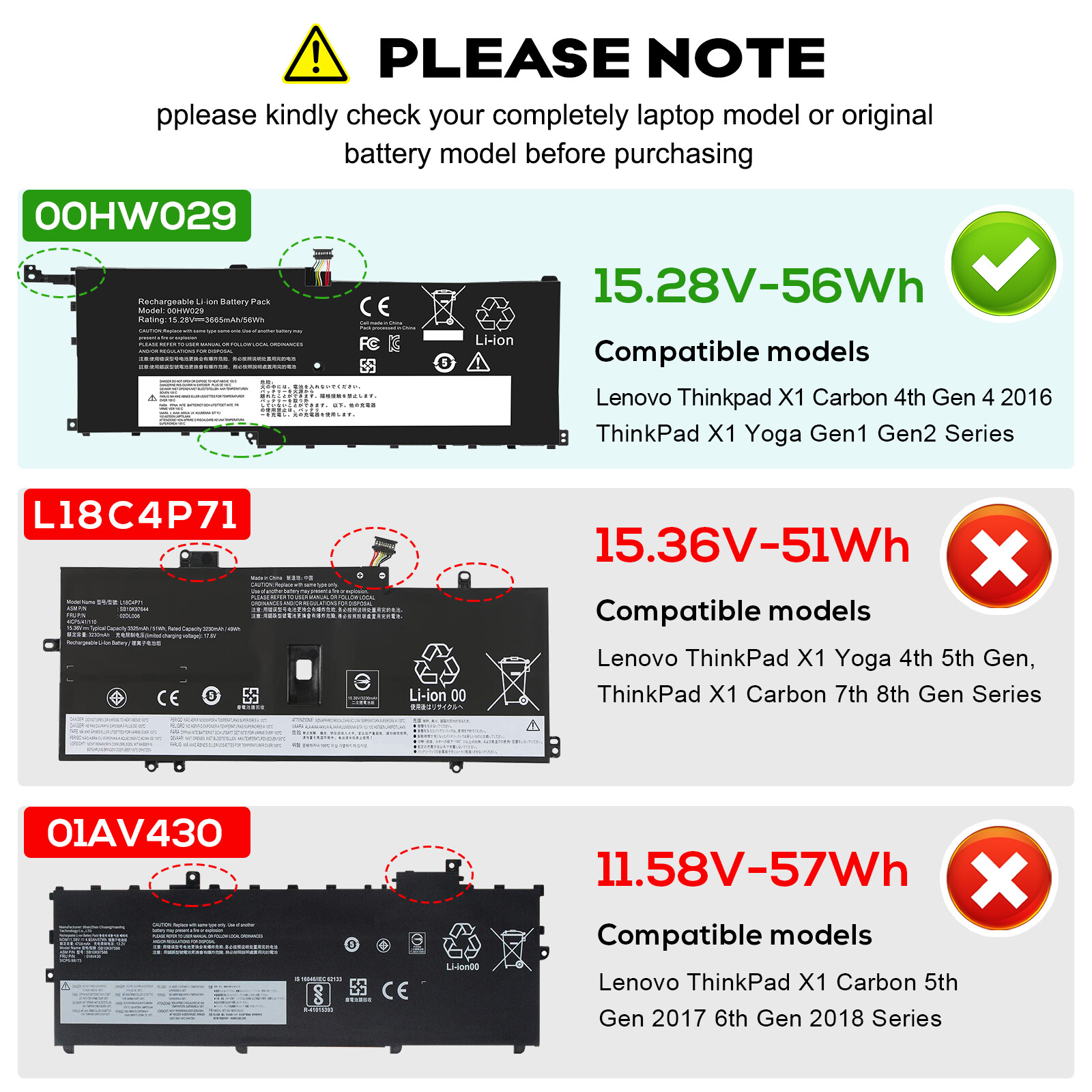 00HW029 Battery for Lenovo ThinkPad X1C Yoga 1st 2nd Gen 00HW028