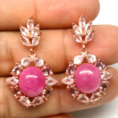 Heated 10 x 11 mm. Pink Ruby & Rose Quartz Earrings 925 Sterling Silver