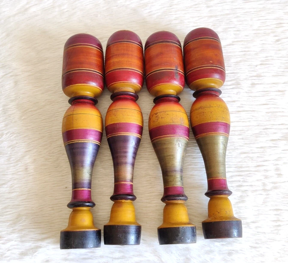 Ancien Laqué Multicolore Tabouret en Bois Pieds Décor Maison de Collection 4Pc - Photo 4/4