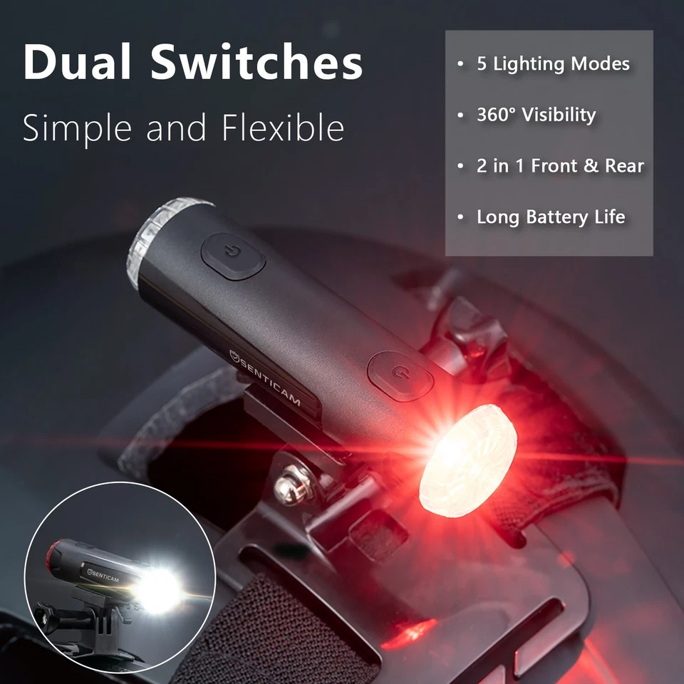 Bike Helmet Light Torch USB Recharge Best Bicycle MTB Front Back Light Senticam - Image 2 of 4