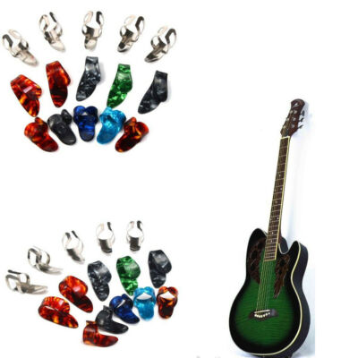 Gitarre Plectrum Picks Gitarre Bass Banjo Zubehörsatz 5 Daumen + 10 Finger Nagel