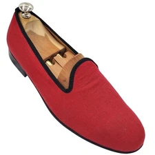 Italy Del Toro Men's 10 Red Black Canvas Leather Slip on Loafer Dress Shoes