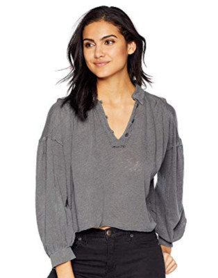 Free People Black Linen&Cotton Long Sleeve Oversized Henley Crop T-Shirt Size L