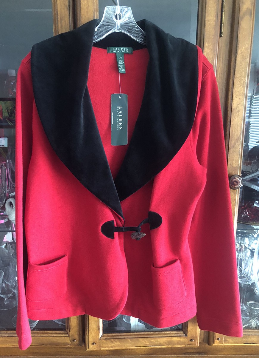 Lauren Ralph Lauren Red Black Velvet Toggle Knit Large