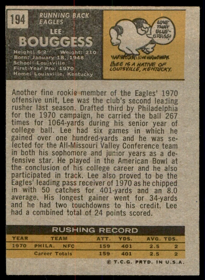 1971 TOPPS. LEE BOUGGESS. PHILADELPHIA EAGLES #194 - Image 2 of 2
