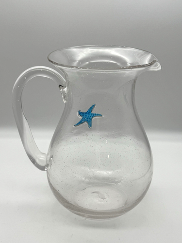 Blue Starfish Motif Pitcher Hand Blown Bubble Glass Applied Handle 9 Cups - Imagen 4 de 7