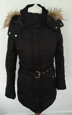 Warehouse - Padded Belted Coat Removable Faux Fur Trim Hood Black Size 10