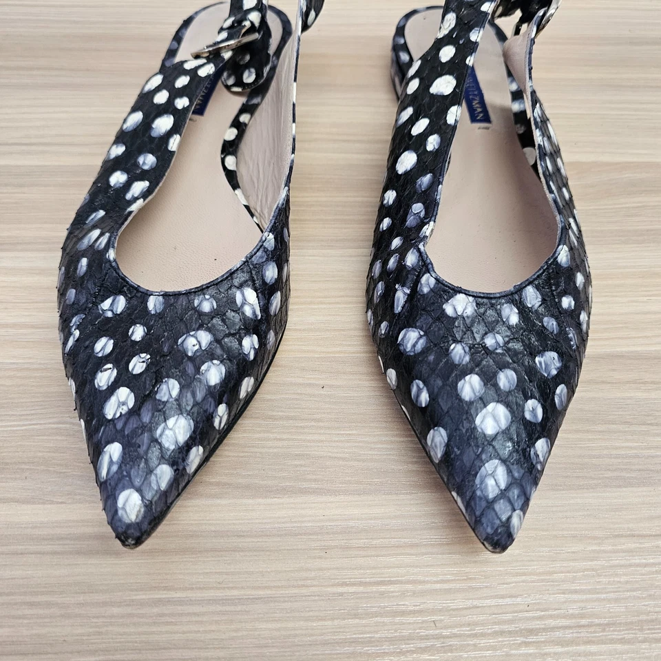 STUART WEITZMAN Flats Womens 8 Black White Snakeskin Polka Dot Pointed Slingback - Image 3 of 4