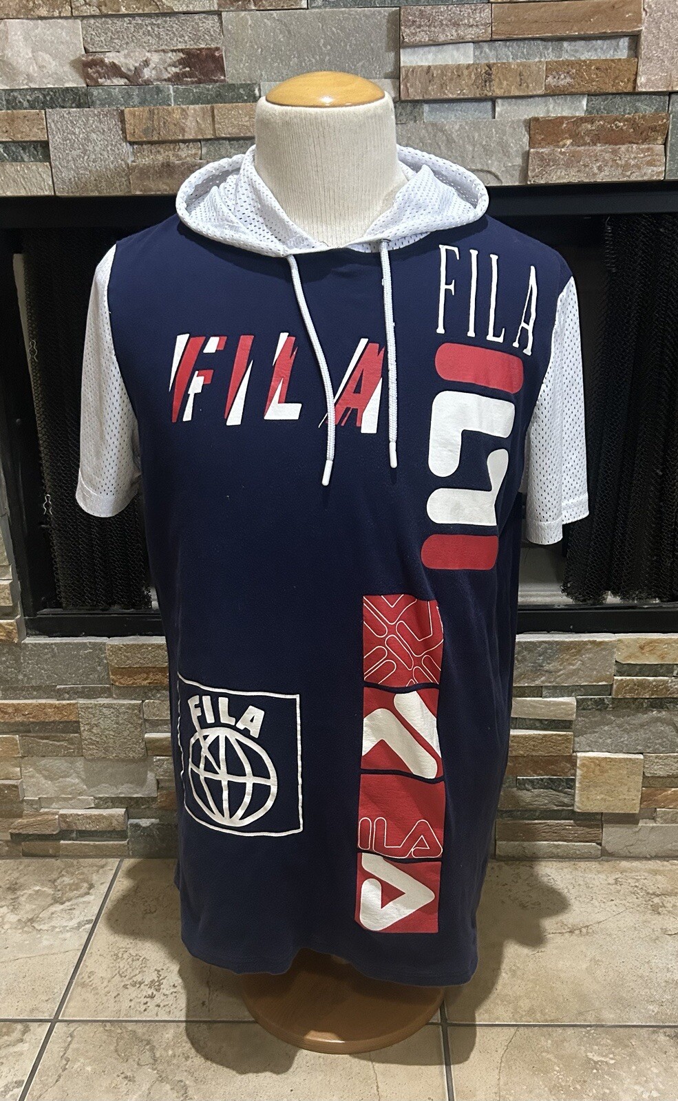 Felpa con cappuccio maglia FILA vintage anni 90 double face stampa grafica streetwear grande