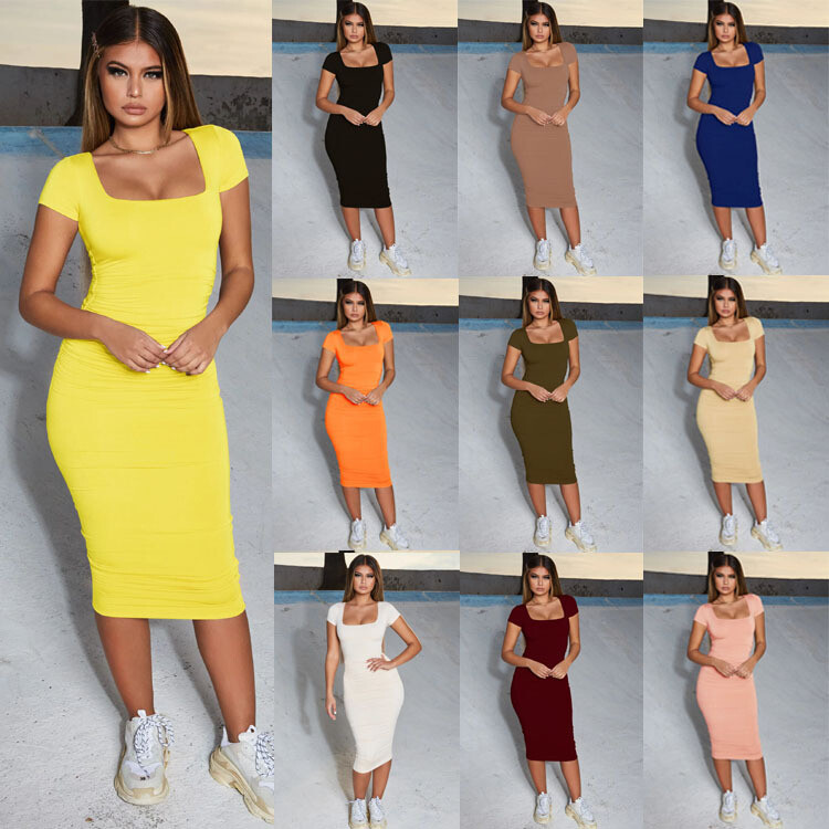 Women's Basic Ruched Sexy Square Neck Bodycon Elegant Short Sleeve Midi Dress | eBay Women's Basic Ruched Sexy Square Neck Bodycon Elegant Short Sleeve Midi Dress | eBay