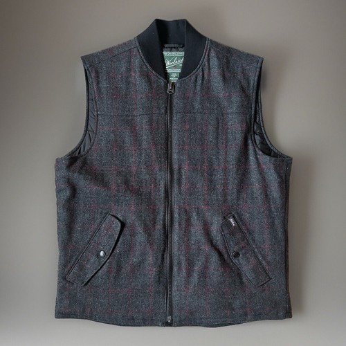 Woolrich Wool Full Zip Quilted Lined Gray Red Windowpane Vest Jacket Men’s L - Picture 6 of 8