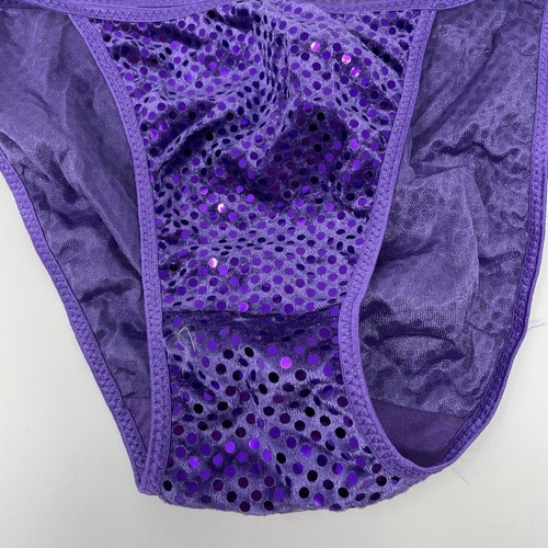 VTG Velvet String Bikini Panties Polka Dot sz M Hi Leg Cut High Purple Sz M - Picture 2 of 5
