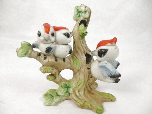 Vtg Josef Originals On A Tree Woodpecker Mother 2 Babies Family on Branch w/ Gre