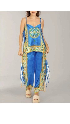Satin Unique Print Side Lace-up Tank & Elastic Waist Pocketed Wide Set-SIZE S