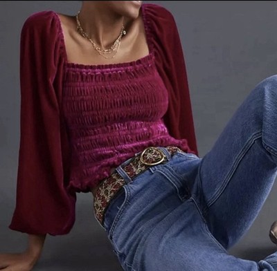 Anthropologie Burgundy Puff Sleeve Smocked Blouse Size M Sku#187