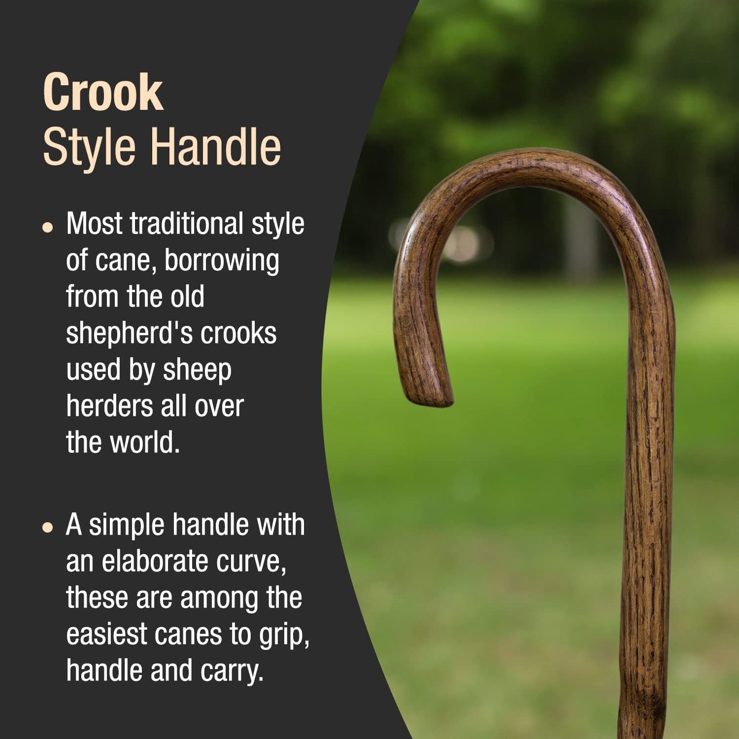 Handcrafted Oak Wood Cane, Crook Style Handle, 37"