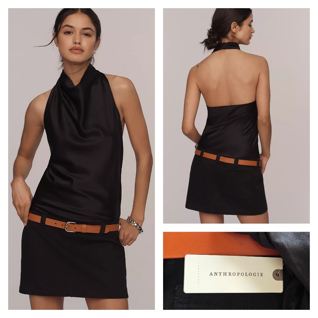 Anthropologie Maeve Cowl-Neck Mini Dress Black w/Brown Belt Size 