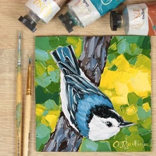 Nuthatch Bird Original Oil Painting Impressionist Wall Art Impasto Signed Decor