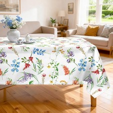 Spring Summer Floral Tablecloth Waterproof, Wildflower Herb Table Cloth Recta...