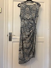Mela London Blue Paisley Midi Dress UK 12 Asymmetric Hem Ruched Side Stretch