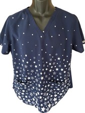 Ava Therese Scrub Top Women's Large Navy Blue White Stars V-Neck Pockets