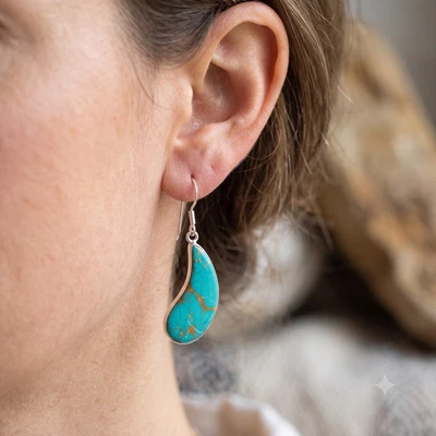 925 Sterling Silver Natural Green Copper Turquoise New Dangling Sister Earrings - Image 1 of 4