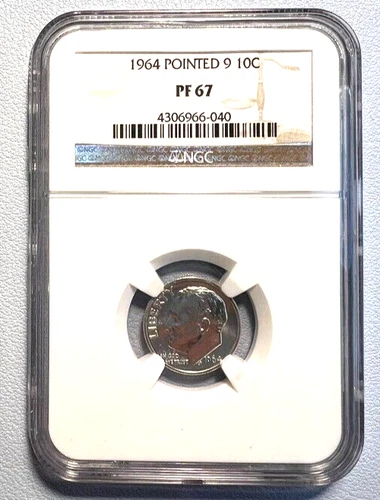 1964 NGC PF 67 Pointed 9 Silver Roosevelt Dime, Silver 10-Cent Spotless White!