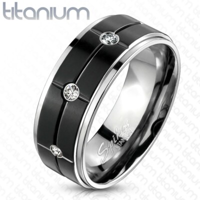 Amazing 8mm Men's Titanium Black Grooved Stripe CZ Wedding Band Ring with Box