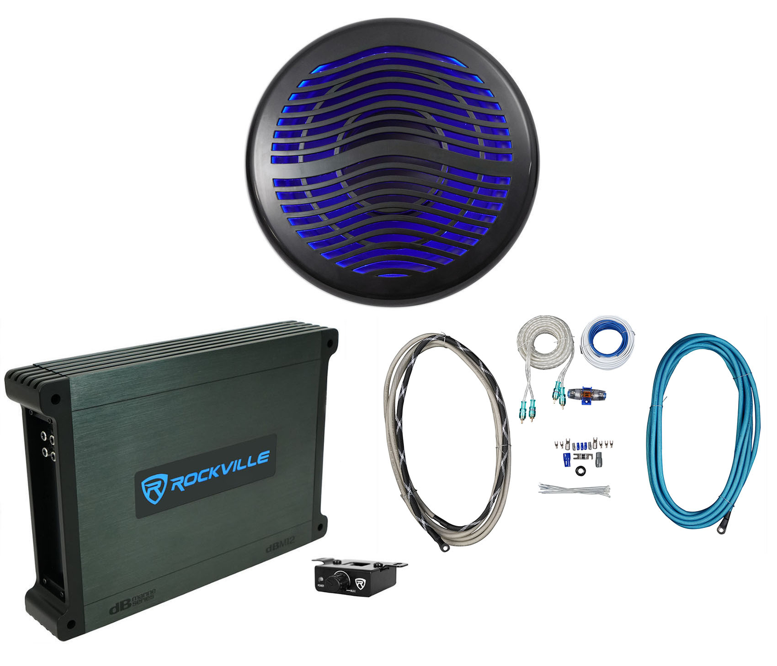 Rockville MS12LB 12 2800 Вт Черный Морской лодочный сабвуфер с 10 светодиодами моноусилитель Комплект проводов 3989000₽