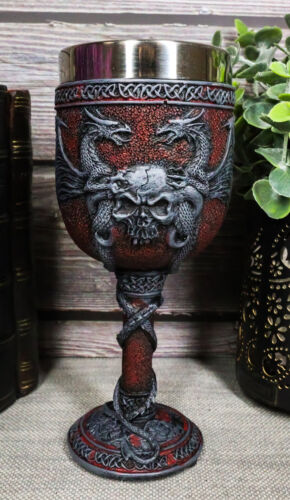 6.75" Tall Double Dragon Skull Crest Guardian Wine Drink Goblet Chalice Cup 6oz - Picture 1 of 6