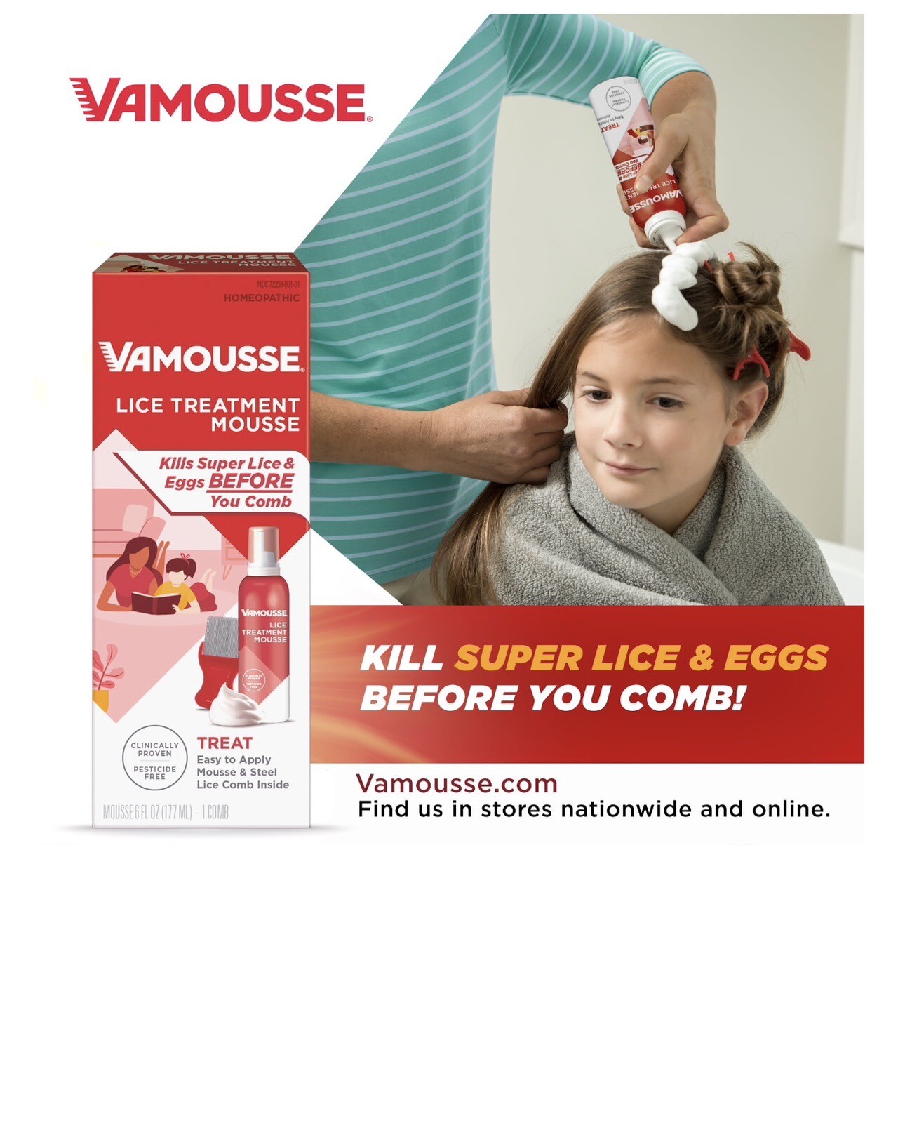 Vamousse Lice & Eggs Treatment Mousse Homeopathic 6 fl oz with comb