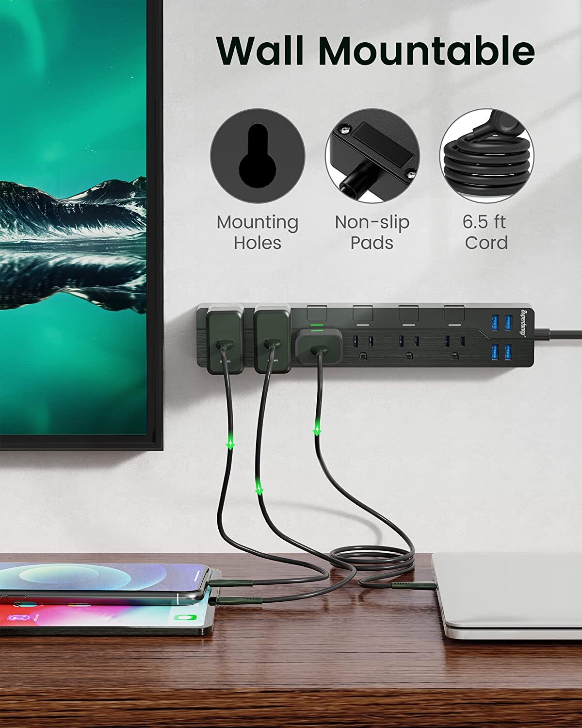 Surge Protector Power Strip Individual Switches Wall Outlet USB