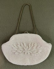 Vintage Ivory Handmade Beaded Clutch Evening Bag Hong Kong Kiss Lock Chain