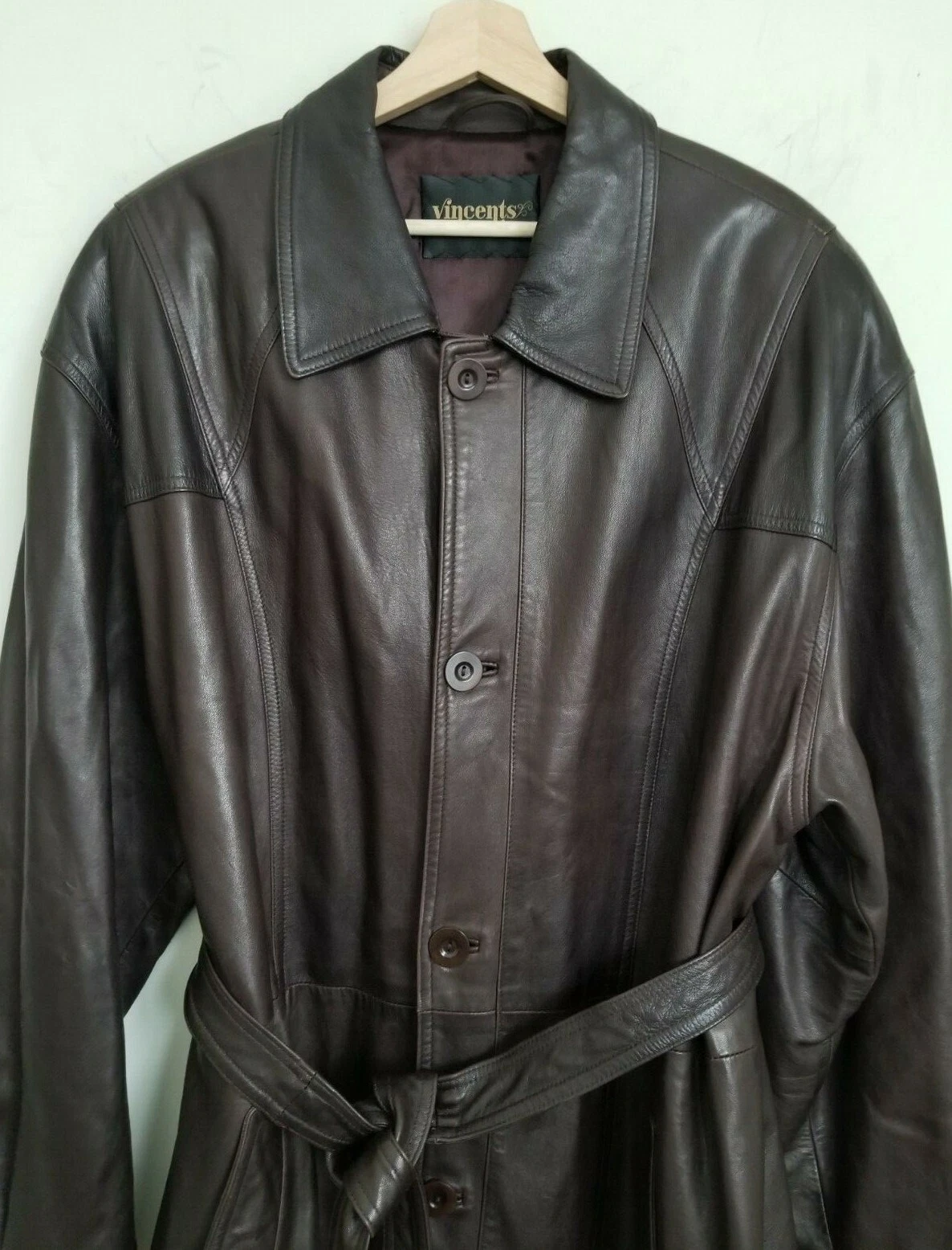 Vincents of Indiana Jacket Brown Lambskin Leather Collared Buttons Belt Size XL