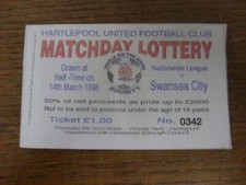 14/03/1998 Matchday Lottery Ticket: Hartlepool United v Swansea City