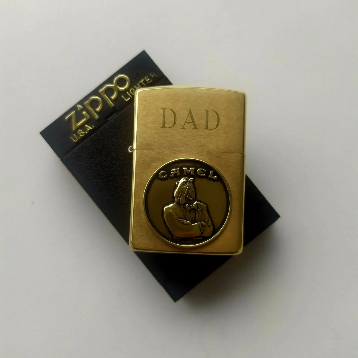 Unfired Zippo CAMEL Brass 1932-1992 Joe Camel Tuxedo Medallion DAD Initials !!